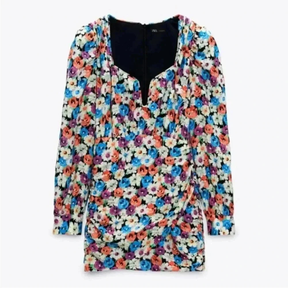 [L]ZARA WMN Multicoloured Floral Viscose LS Pencil Dress Sweetheart  Zip